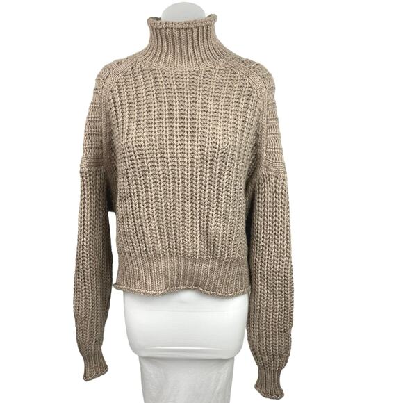 H&M Brown Beige Tan Chunky Knit Turtle Neck Long Sleeve Pullover Sweater Top M - Picture 1 of 4